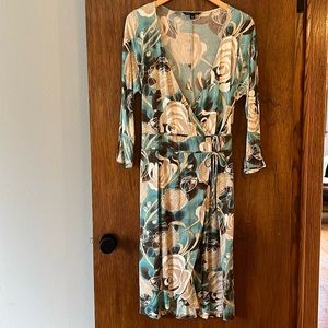 Banana Republic Silk Teal/Brown Rose Print Wrap Dress